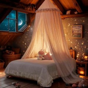 Eimilaly Baldaquin de lit princesse pour fille, double couche avec étoiles découpées, tissu respirant et lavable, convient pour lit double/lit complet, tente de lit féérique pour décoration de chambre (Aimilaly, neuf)