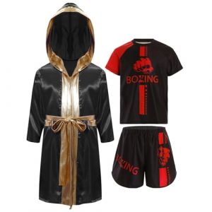 Oyolan Enfant Garçon Short de Boxe et T-Shirt Peignoir Robe de Boxe à Capuche Ensemble Combat Muay Thai MMA Kick Boxing A Noir Rouge 15-16 Ans (Oyolan EU, neuf)