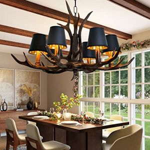 FWX Suspension r&eacute;tro E14 en forme de bois de cerf - Style industriel - Lustre en r&eacute;sine noire - Abat-jour en fer noir - Hauteur r&eacute;glable - Pour salle &agrave; manger, salon, caf&eacute;, cuisine, bar (FWX★FR, neuf)