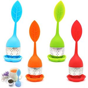 Lot de 4 infuseurs à thé en acier inoxydable et silicone - Passoire à thé avec couvercle et soucoupe - Boule à thé - Filtre à thé fin pour les amateurs de thé (couleur aléatoire) (longfang, neuf)