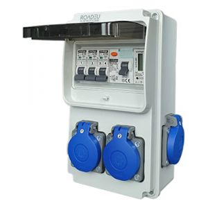 RoadEu - Coffret de Chantier, Répartiteur électrique 230V: 4 prises, compteur, disjoncteurs et disjoncteur différentiel, IP44, pour un usage professionnel ou domestique (RoadEu, neuf)