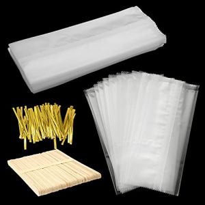 100 Pièces Sac de Glace en Plastique et Batonnet Bois avec 150 Pièces Liens Torsadés Métalliques Sacs Jetables en Plastique Popsicle Sacs de Popsicle Transparents pour Cadeau Bricolage (MOANDH, neuf)