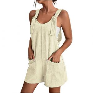 Combishort Salopette Femme Ete Fluide Chic Sexy Mode Casual Combinaison Femmes Été sans Manches Coton Vintage Jumpsuit avec Poche Pantalon Combinaisons et Combishorts (goodups, neuf)