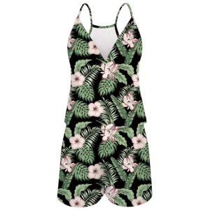 Loveternal Combinaison Femme Salopette Femme Été Court Barboteuse Fleur One Piece Combishort Sans Manches Élégant Sexy Bretelles Dos Nu Poches V Cou Plage, M (Chuangjinghai, neuf)