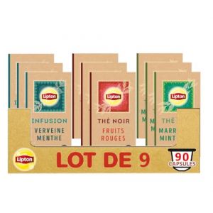 Lipton Assortiment de 3 Thés en Capsules Compatibles Nespresso : Thé Vert Marrakech Mint, Infusion Verveine Menthe, thé Noir Fruits Rouges, Compatibles Machines Nespresso, x90 capsules (PENNGUIN-FR-CAMON, neuf)