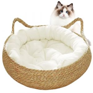 Obelunrp Lit de Panier de Chat, 15 Pouces de Couchage de Chat Rond avec Coussin Doux, lit de Chat en Osier à l'épreuve des Rayures, Panier de lit de Chat Pliable pour Chats de Chaton (HuiHaos, neuf)