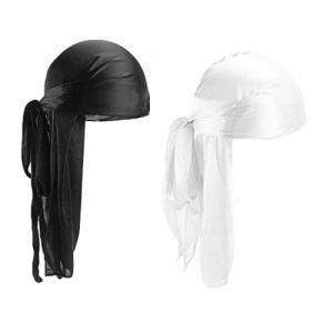2 PCS Silky Durag Unisexe Bonnet Chapeau Durag pour Hommes Femmes Bonnet Respirant Doux Bandana Wave Cap Durag Turban Head Headwraps avec Long Tail et Wide Straps (beadshuan, neuf)