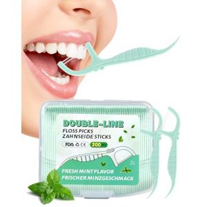 200 Fil Dentaire Menthe Porte Fil Dentaire Avec Manche Twin Line Floss Dentaire Cure Dent Plastique Dental Floss Picks pour une hygiène bucco-dentaire optimale - double fils interdentaire (LuneKuck, neuf)