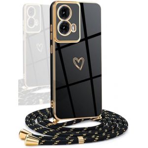 YAMCCCSE Coque avec Cordon Compatible avec Motorola Moto G85 5G, Galvanoplastie Motif Coeur d'amour Housse Antichoc TPU Silicone, R&eacute;glable Etui avec Lani&egrave;re pour Motorola Moto G85 5G,Noir (YAMCCCSE, neuf)