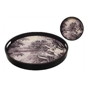 Plateau de Service Décoratif Tropical, Rond, 40 cm de Diamètre, 4,5 cm de Hauteur, Noir (CROSS KEYS, neuf)