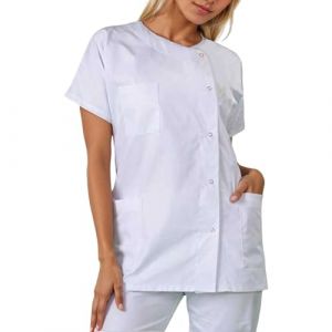 DaPongZhi Blouse M&eacute;dicale Femme Blanche Tenue Infirmiere Professionnelle Tunique Chemise de M&eacute;dical Manches Courtes Col Rond Pharmacie Blouses Blanche Chimie Lycee avec Poche (DaPongZhi, neuf)