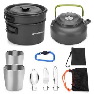 Odoland Kit de Casseroles Camping, 10PCS Popotes de Cuisine Camping en Aluminium, avec avec Cafetière Théière, Portable Set pour 1-2 Personnes Pique-Niqu,Camping,BBQ,Randonnée,et Voyage (Aveka, neuf)