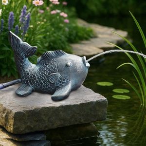 Gargouille solaire avec pompe - Figurine de bassin avec pompe solaire et jeu d'eau - Décoration de jardin en polyrésine aspect bronze - Fontaine solaire pour étang de jardin et cours d'eau (poisson (Arnusa-Shop, neuf)