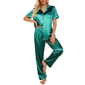 Ekouaer Pyjama Satin Femme Sexy Chic Ensembles de Pyjama Été Pyjashort Femme Manches Courtes Vêtements de Nuit Soie, Vert Foncé, M (Ekouaer EU, neuf)