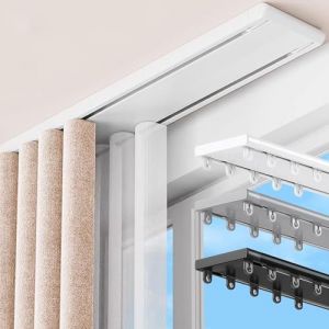 Aluminium Rail De Rideau Rail Rideaux Plafond Double Tringle A Rideaux avec Rouleaux Muets Ensemble De Rails De Plafond Id&eacute;al pour Chambres Et Salons(Blanc,3.8m) (ZJMYGS, neuf)