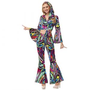Jutrisujo Déguisement Année 80 Deguisement Disco Robe Femme Hippie 60, 70, 90 Costume Top Pantalon Set Vetement Halloween Carnaval Grande Taille Noir S (dingtianAA, neuf)