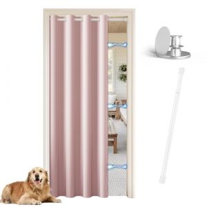 JCyh Rideau de Porte avec Tringle, 1 Pièce Rose Clair Rideau Phonique Anti Bruit avec Bouton Magnétique pour Rideau Separation de Piece, Tringle Blanc 70-125 cm (JCYH, neuf)