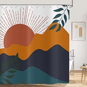 Hnmdmyi Rideau de Douche Boho 200x180, Mid Century Abstrait Montagne Coucher de Soleil avec Feuilles Rideau de Bain Moderne Minimaliste Géométrique Esthétique Art Imperméable Tissu Rideau de Bain (Hnmdmyi, neuf)