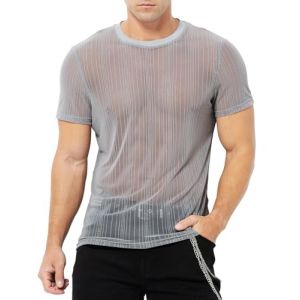 Casey Kevin Tee Shirt Transparent Homme Chemise Paillette T-Shirt Resille Tenue Sexy Homme Respirant T-Shirt Glitter Festival Clubwear Transparent Haut en Gaze (Casey-Kevin, neuf)