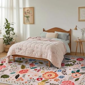 Tapis Salon Lavable en Machine, Motif Floral Vintage, Tapis de Chambre &agrave; Poils Courts, Antid&eacute;rapant et Doux, Id&eacute;al pour Bureau ou Chambre d'enfant, Beige et Rose, 200x280cm (Puremy-FR, neuf)
