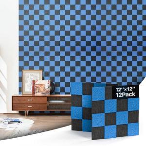 Woovio Plaques Acoustiques Autocollantes 12 Pi&egrave;ces, Isolant Phonique en Polyester 30x30x0.9cm, Isolation Phonique Murale pour Studio Bureau Gaming D&eacute;co, Damier Noir-Bleu (Woovio-EU, neuf)