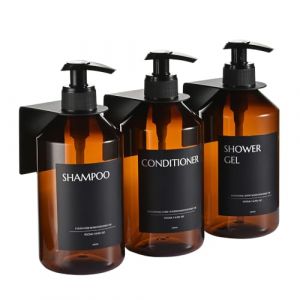 Janxin 3 Pièces Distributeur Savon Liquide Mural sans Percage, Distributeur Savon, Distributeur de Savon Ambre, Distributeur Savon Douche Mural, pour Cuisine/Salle/Bain (Flacon Marron + tête Noire) (Janxin, neuf)