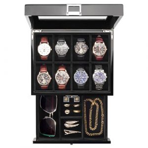 ProCase Boite Montre Homme en Bois, Coffret Montre à 2 Niveaux, Rangement Montre avec 8 Emplacements 1 Tiroir -Noir (ChangBo Store, neuf)