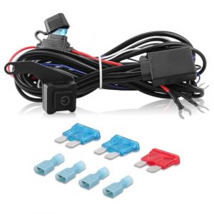 Erato Kit de câblage d'éclairage LED pour moto 12V 2 fils Interrupteur marche/arrêt 10A 15A Fusibles à lame 40A Relais pour feux antibrouillard Barre lumineuse Feux de travail auxiliaires de conduite (Erato-EU, neuf)
