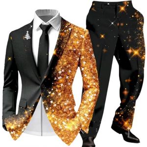 Foweknow Costume de No&euml;l pour homme 2 pi&egrave;ces moche costume de No&euml;l imprim&eacute; 3D veste de costume et pantalon de costume ensemble complet tenue de f&ecirc;te de No&euml;l costume de f&ecirc;te slim fit pour homme, Orange (ROTPMS, neuf)