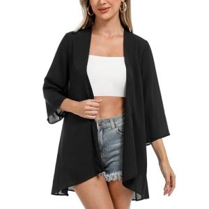 Irevial​​ Cardigan D'été Femme Manches 3/4 Boléro élégant en Mousseline de Soie Kimono Cache-maillots et sarongs Châle Chic pour Femme Noir,XL (FUZHOUJINGSI-EU, neuf)