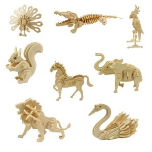 YunBey Set de Puzzles 3D en Bois d'animaux - Kit de Montage DIY 8 pi&egrave;ces pour Enfants & Adultes, Jouet &eacute;ducatif avec Cygne, Perroquet, &eacute;cureuil, Paon, Lion, Cheval, &eacute;l&eacute;phant et Crocodile (Hrroes, neuf)