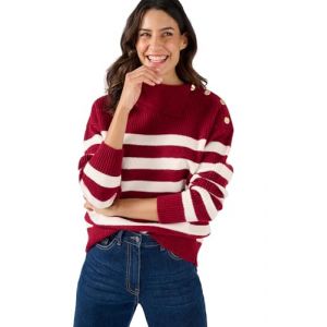 Damart - Pull marini&egrave;re &eacute;paule boutonn&eacute;e Femme Rouge Ray&eacute; Taille 42/44 (DAMART, neuf)