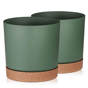 Tymar Pot de Fleur avec Soucoupe, Lot de 2 Pots de Plantes décoratifs en Plastique, Forme Ronde Moderne pour l'intérieur (ø 35 cm, (2pack) LI Vert) (Tymar, neuf)