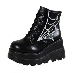 Agiyenna Bottines Gothiques À Lacets Pour Femme Talon Bloc Punk Bottines Plates En Cuir Verni Chaussures Épaisses Bottes De Motard Bottes Hautes Avec Motif Toile D'Araignée Ailes De Chauve-Souris (Yannis' shop, neuf)
