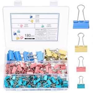 180 Pcs Pince Papier Clips, Pinces &agrave; Documents Bulldog M&eacute;tal, Pinces Pliantes en M&eacute;tal, Pince a Dessin pour Fournitures Bureau Papeterie Maison Papier &agrave; Lettre, color&eacute;, 15/19/25/32mm (ShenZhenYiErLuMaoYiYouXianGongSi, neuf)