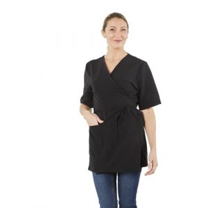 Hurry Jump Tunique de Travail Forme Kimono Poly Coton Noir Idéale Blouse esthéticienne Tunique Spa Kimono Serge Noir T0-36 (Label blouse, neuf)