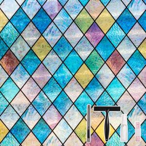 Conkov Film pour Fen&ecirc;tre Intimit&eacute; avec Effet Arc-en-Ciel, Adh&eacute;rence Statique, sans Adh&eacute;sif, D&eacute;coratif pour Salon, Cuisine, Bureau, Losang&eacute; Color&eacute;, 90 x 200 cm avec Outils (CONKOV, neuf)