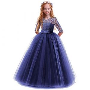 FYMNSI Robe Enfant Fille Ceremonie Anniversaire de Princesse d'honneur Mariage Bowknot Manches 3/4 Longue en Dentelle Robe Tutu Tulle de Soir&eacute;e Bal Partie Formelle Carnaval Bleu Marine 3-4 Ans (FYMNSI store, neuf)