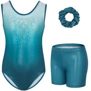 Gogokids Ensemble de Gymnastique Trois Pi&egrave;ces pour Filles, Justaucorps Sans Manches avec Shorts et Bandeau, Tenue de Gymnastique avec Design de Couleur Scintillants D&eacute;grad&eacute;e pour 8 &agrave; 9 Ans (KunTee, neuf)