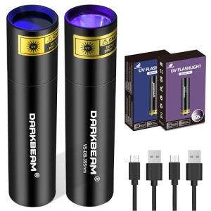 DARKBEAM Lampe Torche UV 365nm et Lumière Noire 395nm, Mini Lampe de poche puissante USB rechargeable Lampe de Wood LED ultraviolette, Détecteur pour d'urine, ambré, verre d'uranium, résine, 2 Paquets (DARKBEAM, neuf)