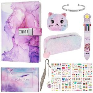 Realjoy Journal Intime Fille de 7 8 9 10 11 12 13 Ans, Journal Intime avec Cadenas,A5 en Cuir PU,Cahier Secret pour Fille,Carnet Secret avec Cadenas, Autocollants, Stylo, Trousse, Bracelet（Violet） (Zhenle Fishing Tackle Company, neuf)