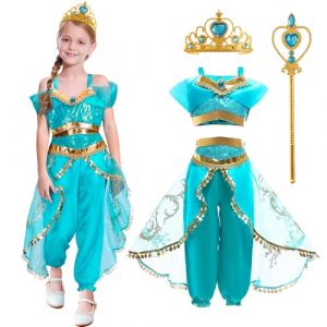YOMIQIU Deguisement Princesse Jasmine Fille: Costume de Princesse Jasmine avec Baguette de et Couronne, Robe de Aladdin Carnaval Halloween V&ecirc;tements de f&ecirc;te d'anniversaire Cosplay 3-11 Ans (130) (YOMIQIU-EU, neuf)
