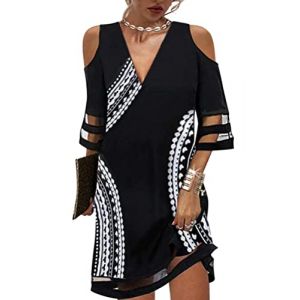 Minetom Femmes Col V Robe Tunique &Eacute;l&eacute;gant Plage Soir&eacute;e F&ecirc;te Cocktail Mini Shirt Robe I Noir 04 XXL (Mon Bon Coup FR, neuf)