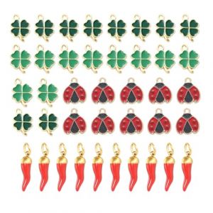 ZORVUJI 40 Breloques Porte-Bonheur Tr&egrave;fle &agrave; 4 Feuilles, Coccinelle et Piment en M&eacute;tal pour Bijoux DIY, Bracelets, Colliers et Cadeaux (MiaoWL, neuf)