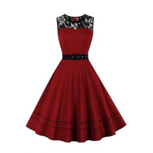 AXOE Femme Robe Vintage Années 50 Motifs Pois & Fleurs Ceinture Amovible Mariage Cocktail Tous Les Jours Bordeaux, Taille 48, 3XL (AXOE-FR, neuf)