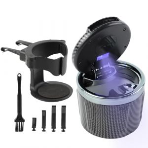 Geoyien Cendrier Voiture, Cendrier Voiture Anti Odeur, R&eacute;sistant aux Odeurs, avec Support et Brosse de Nettoyage, Lumi&egrave;re LED Automatique, Batterie Rempla&ccedil;able, Scell&eacute;, Ignifuge (Gris) (JIEENDA, neuf)