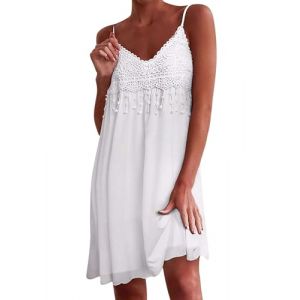 Zeagoo Robe Bohémienne Femme Robe de Plage Dentelle avec Franges Décolleté en V sans Manches Blanche M (Zeagoo direct, neuf)