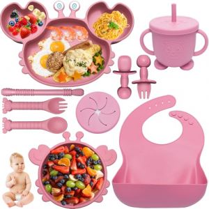Kinyoda Coffret Repas Bebe, 10 Pièces Assiette bebe Set Vaisselle Antiderapant Silicone avec Ventouse Assiette Bol Fourche Cuillère Bavoir, Enfant Set Couverts Vaisselle Pour Sevrage Manger, Rose (JYD Direct, neuf)