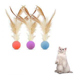 Andiker Lot de 3 balles rebondissantes pour chat, avec plume, multicolores, avec de bonnes &eacute;lastiques, pour l'exercice de la mastication, jouets interactifs pour chat d'int&eacute;rieur, taille S (JSN Global Distribution, neuf)