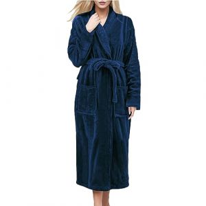 Robe de Chambre Polaire Femme - Confortable Chaude Polaire Peignoirs Couleur Unie &Eacute;paissi Hiver Longue Robe de Chambre L&acirc;che Cordon &agrave; La Taille V&ecirc;tements de Nuit pour Sommeil et Bain,Bleu marine,L (iyutaomao, neuf)